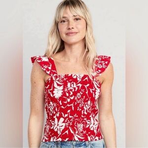 Old Navy Red & White Floral Smocked Ruffle Strap Camisole